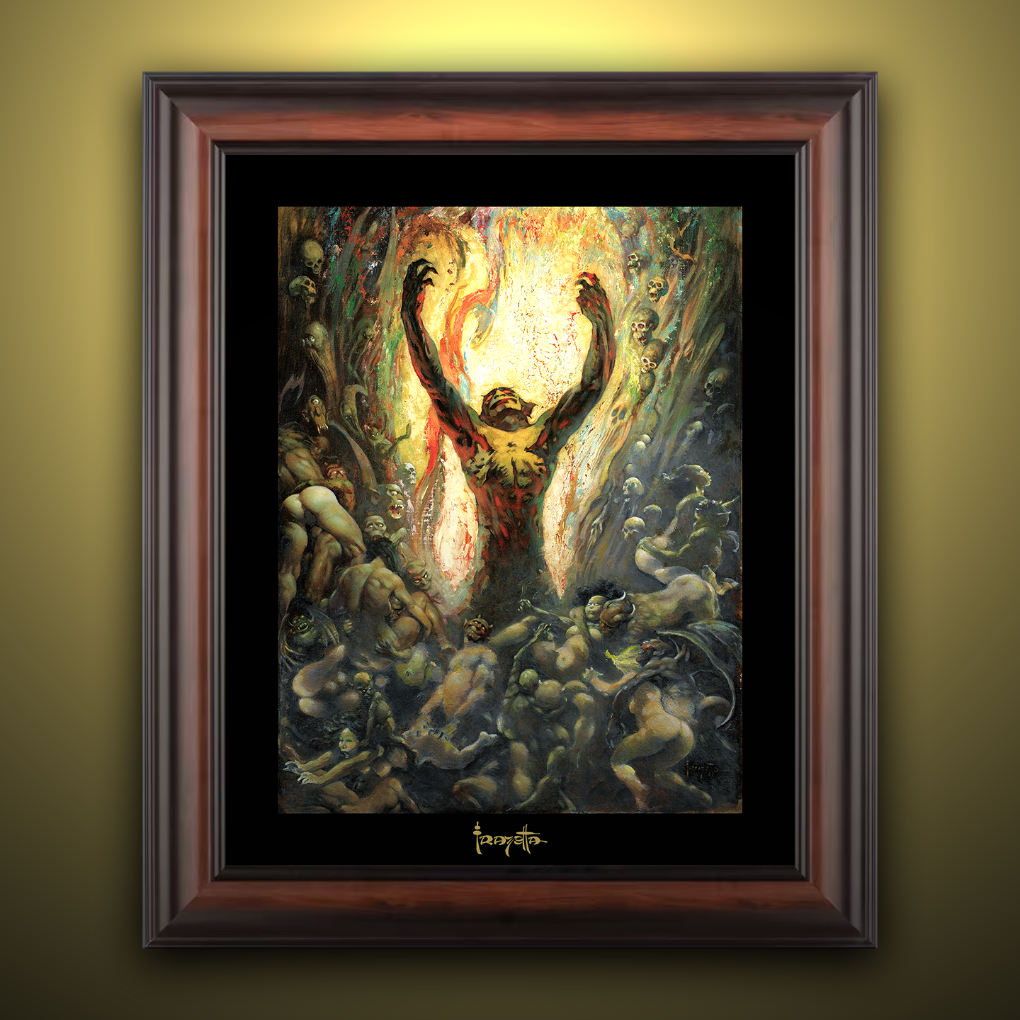 Framed Gallery Series print of &quot;Reign of Wizardry&quot; by Frank Frazetta, emphasizing fantasy themes with black 1.5&quot; matting.