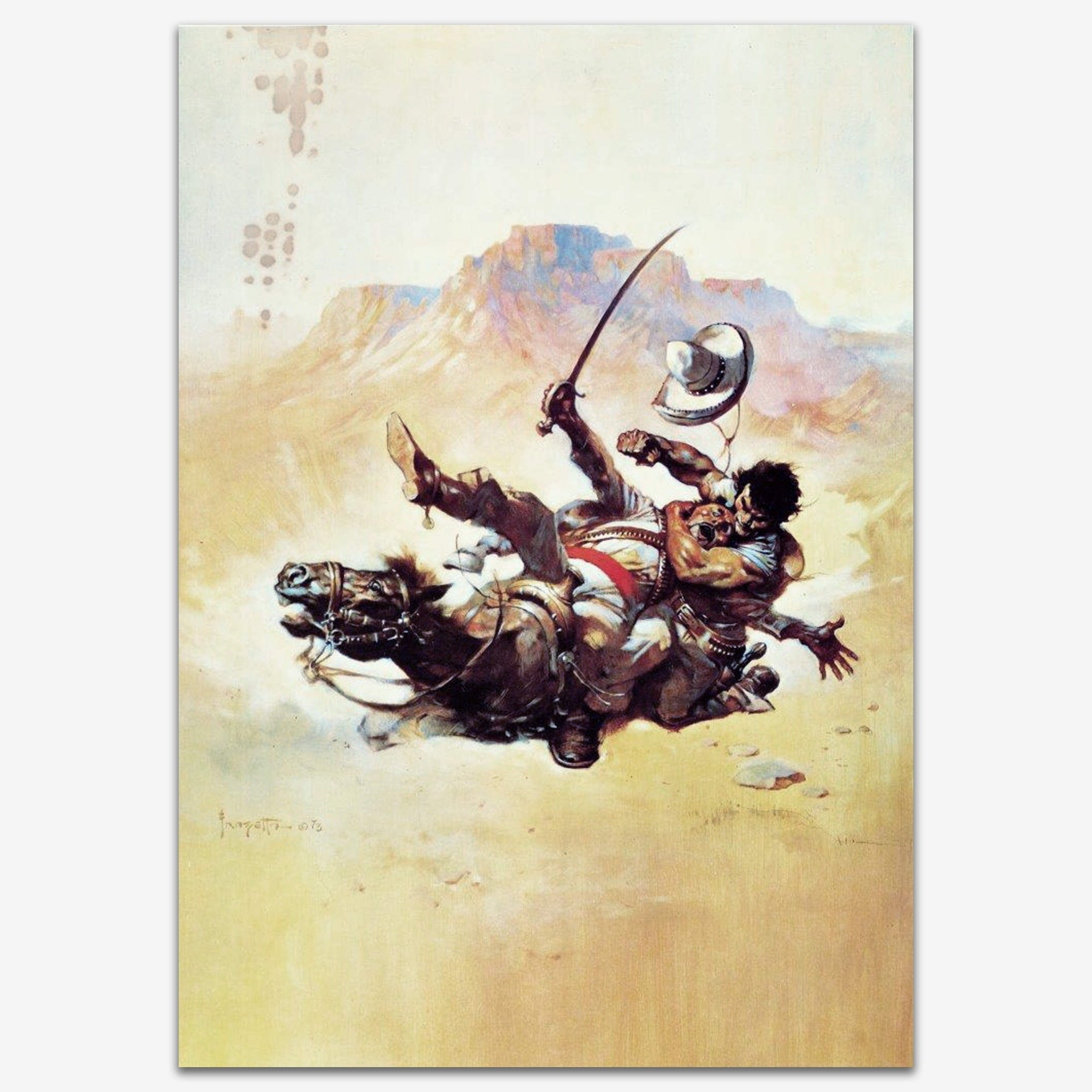 Vintage print of Return of the Mucker by Frank Frazetta, depicting a scene of adventure and triumph against dangerous foes in a rugged environment.