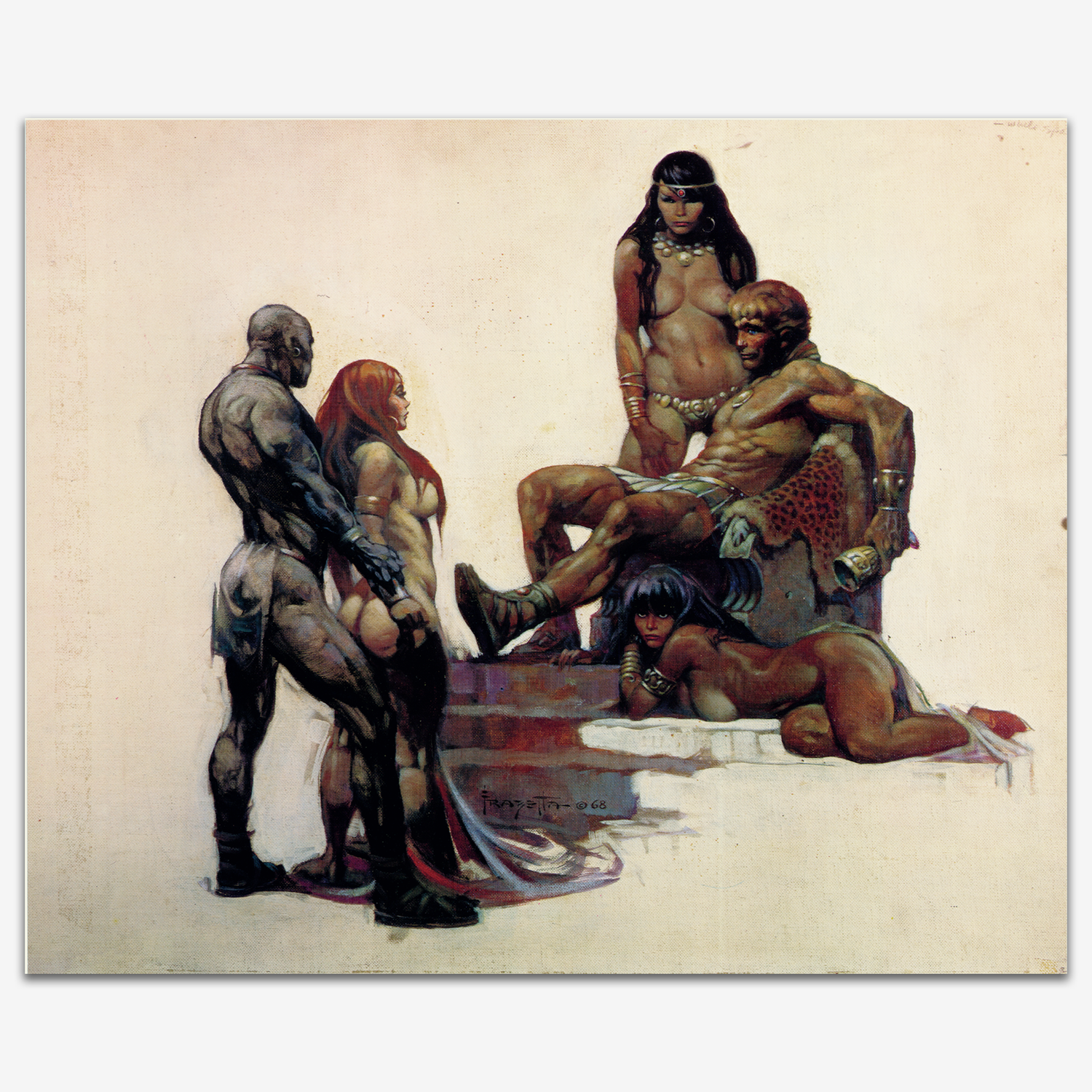 Vintage print of Rogue Roman by Frank Frazetta, a man sitting on a throne is surrounded by women.