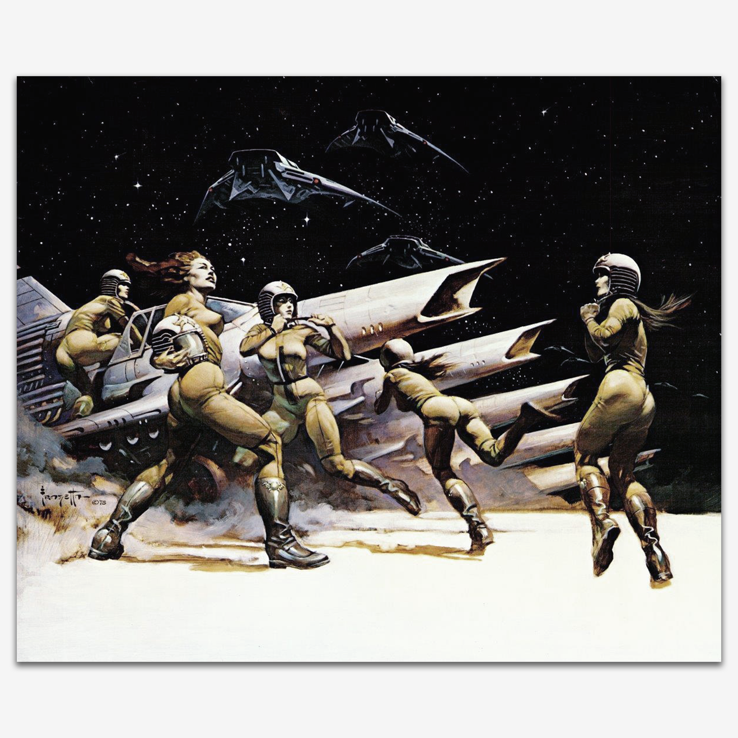 Vintage print of &quot;Scramble&quot; by Frank Frazetta, depicting an intense sci-fi battle scene with warriors in futuristic armor, engaging in combat against an alien landscape under a starry sky.