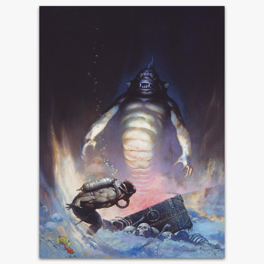 Vintage print of Sea Monster by Frank Frazetta, depicting a colossal, otherworldly creature emerging in the depths as a scuba diver discovers treasure.