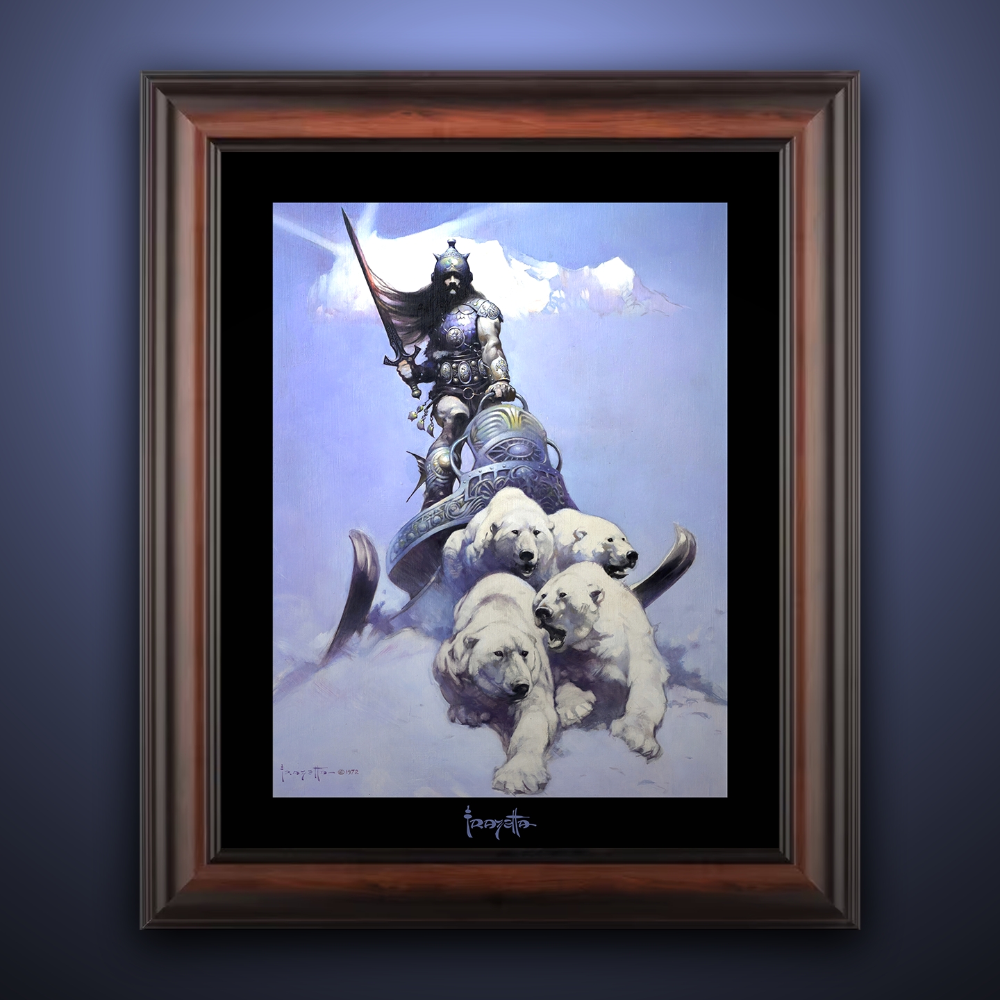 Framed Gallery Series print of &quot;Silver Warrior&quot; by Frank Frazetta, emphasizing bold action and dynamic visuals with black 1.5&quot; matting.