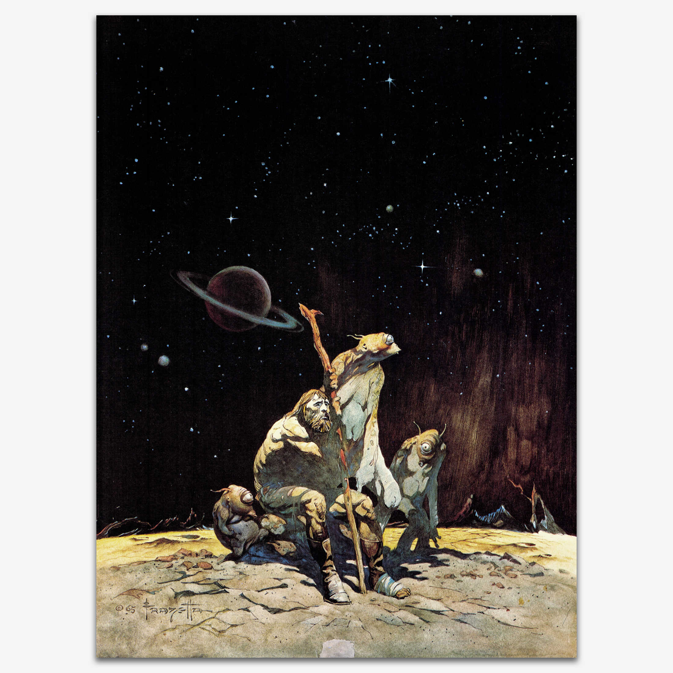 Vintage print of &quot;Stranded&quot; by Frank Frazetta, featuring a man and some aliens, alien landscape under a vast starry sky, printed on high-quality linen paper.