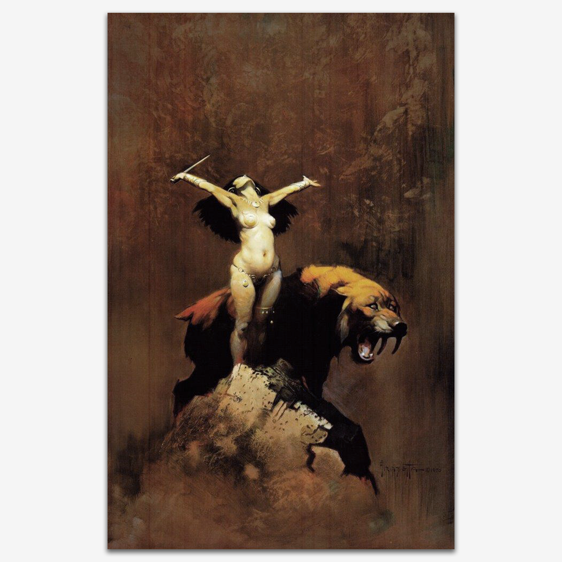 Vintage print of Sun Goddess by Frank Frazetta, portraying a radiant, ethereal woman standing triumphantly alongside a fierce, growling beast against a dramatic, otherworldly backdrop.
