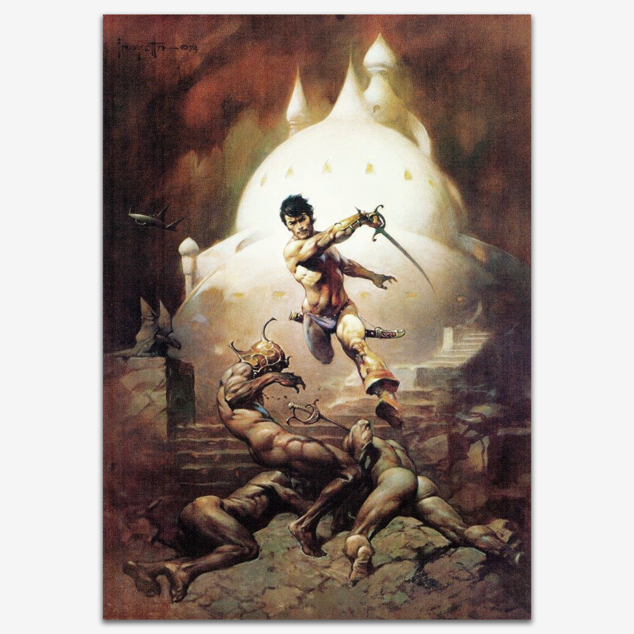 Vintage print of Swords of Mars by Frank Frazetta, depicting a dramatic scene with a warrior leaping toward his enemies in an otherworldly setting, illuminated by a glowing backdrop.