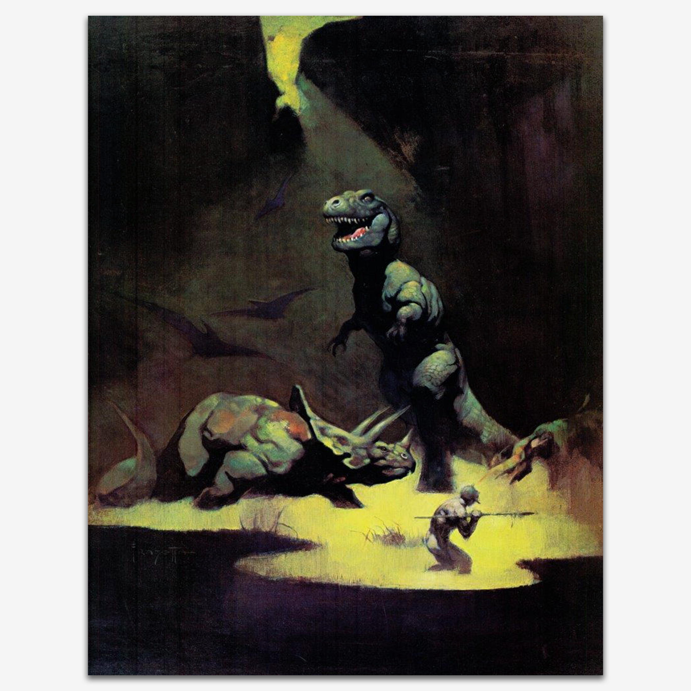 Vintage print of T-Rex by Frank Frazetta, illustrating a dramatic prehistoric scene where a towering Tyrannosaurus rex looms over fallen warriors in a cavernous, dimly lit environment.