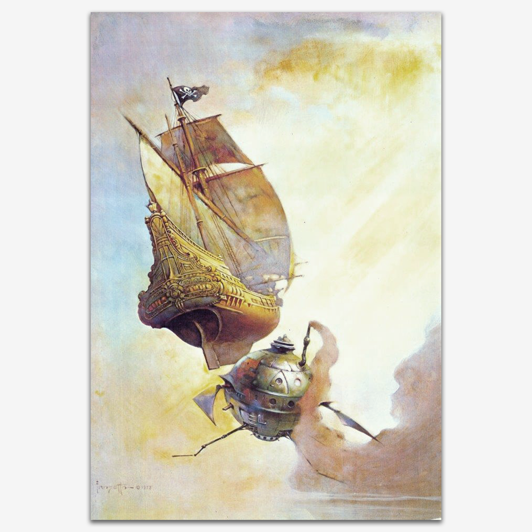 Vintage print of &quot;The Galleon&quot; by Frank Frazetta, depicting a dramatic sci-fi scene with a powerful ship, printed on high-quality linen paper.