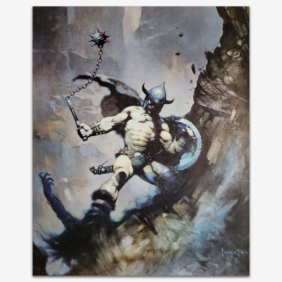 Vintage print of &quot;Warrior with Ball Chain&quot; by Frank Frazetta, depicting a powerful, muscular warrior in mid-battle, swinging a massive spiked ball and chain against a stormy, chaotic background.