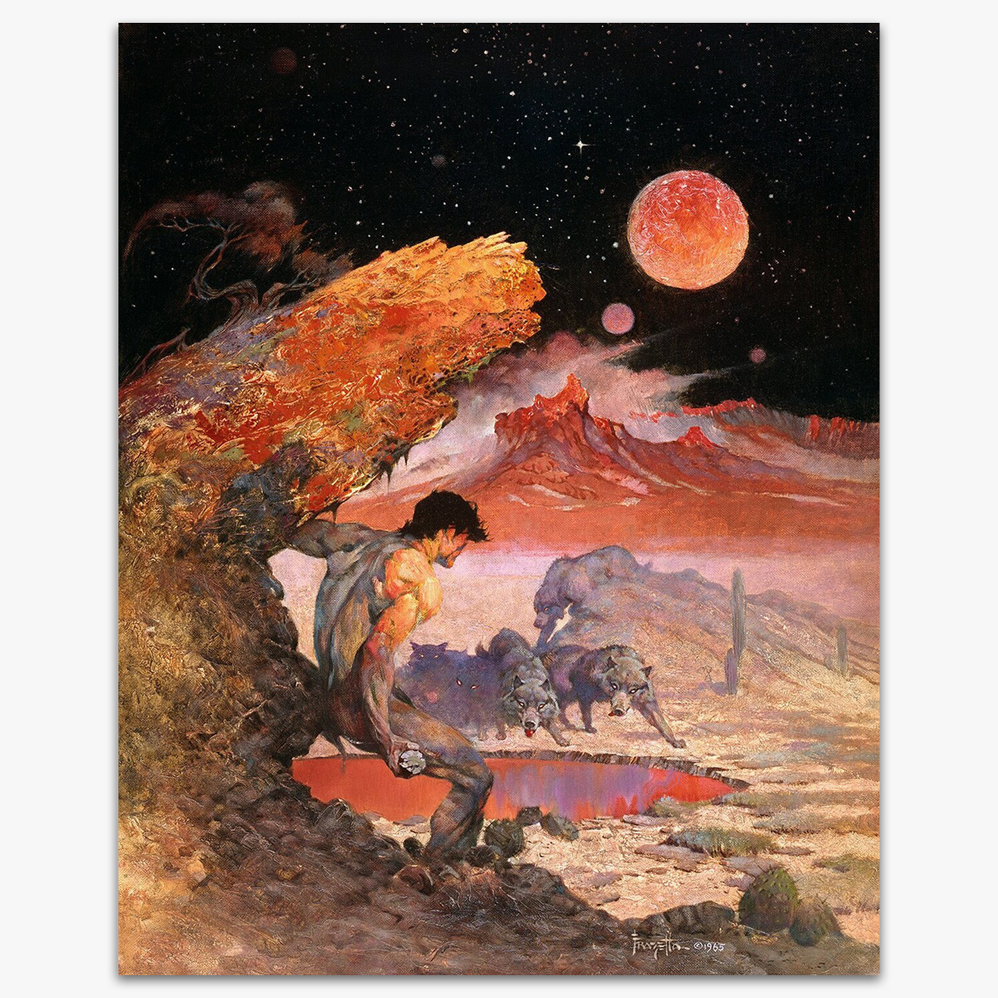 Vintage print of Wolfmoon by Frank Frazetta, depicting a dramatic scene under a crimson moonlit sky, where a warrior and a wolf-like creature stand against a rugged landscape.