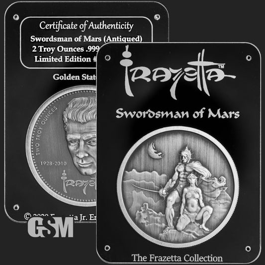 2oz Frazetta Swordsman of Mars Antiqued Silver Round