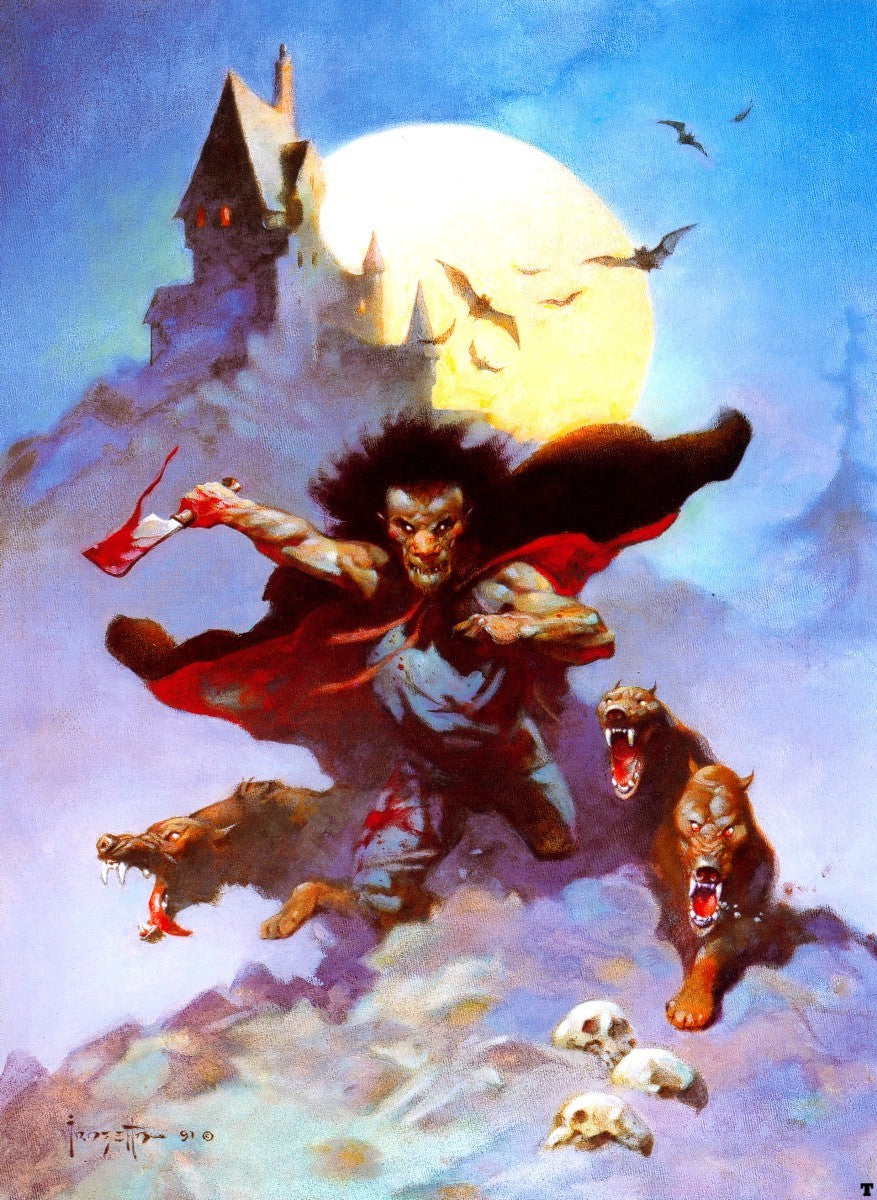  It features a figure running under a full moon, wielding an axe, accompanied by two snarling wolves, with a spooky castle in the background. The eerie atmosphere is amplified by the bats flying through the sky and the skulls on the ground, evoking a sense of horror and adventure. This piece encapsulates Frazetta’s unique style, blending action, fantasy, and the supernatural.
