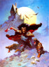  It features a figure running under a full moon, wielding an axe, accompanied by two snarling wolves, with a spooky castle in the background. The eerie atmosphere is amplified by the bats flying through the sky and the skulls on the ground, evoking a sense of horror and adventure. This piece encapsulates Frazetta’s unique style, blending action, fantasy, and the supernatural.